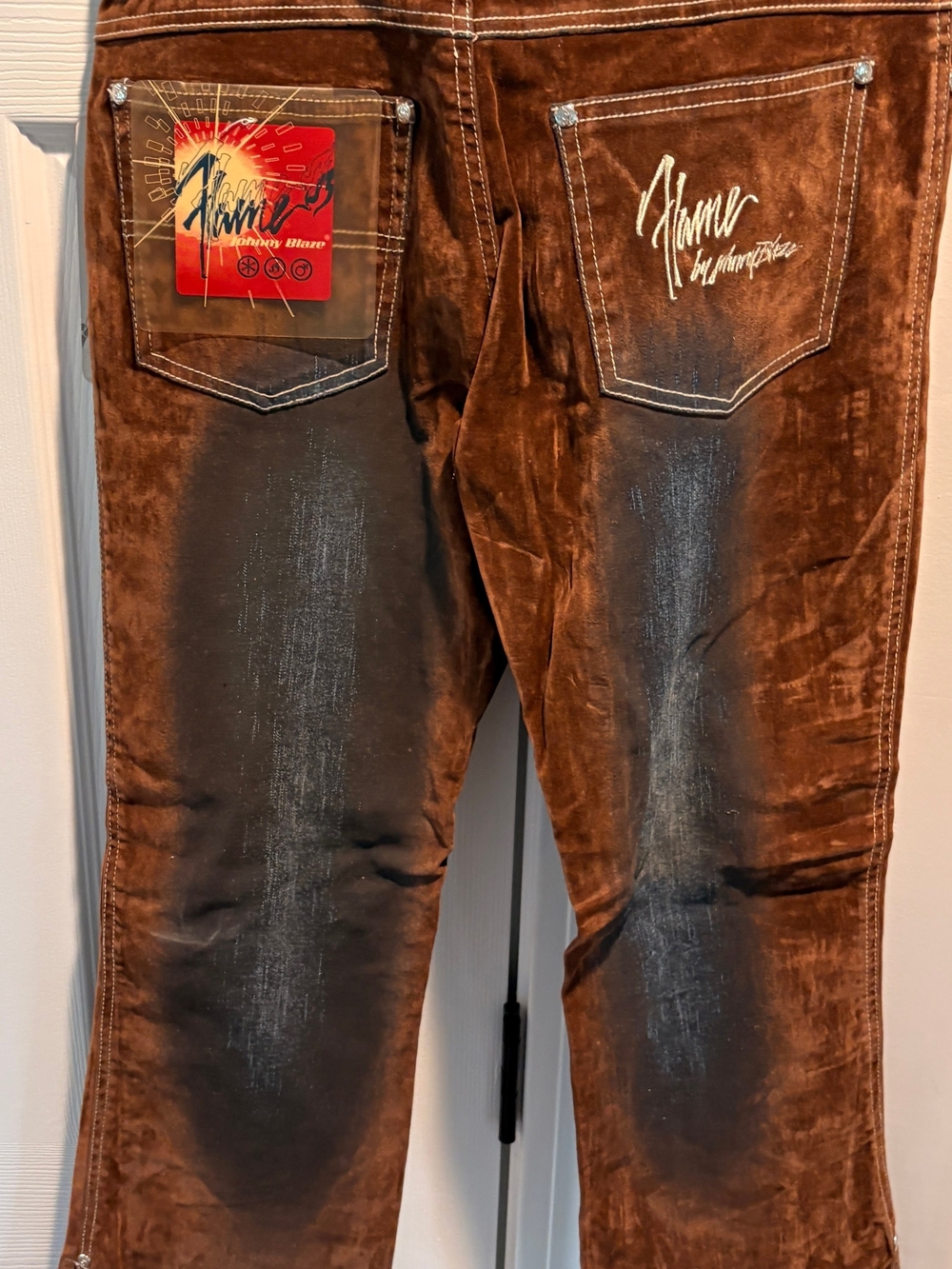 "NWT VTG Y2K Flame Johnny Blaze Flocking Denim Jeans Brown Indigo 7/8 Deadstock
